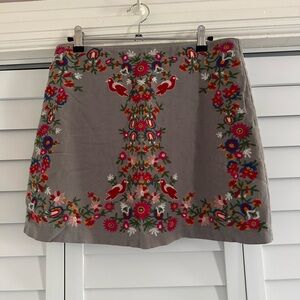 Altar'd State Gray A-Line Skirt with Colorful Embroidered Birds & Florals